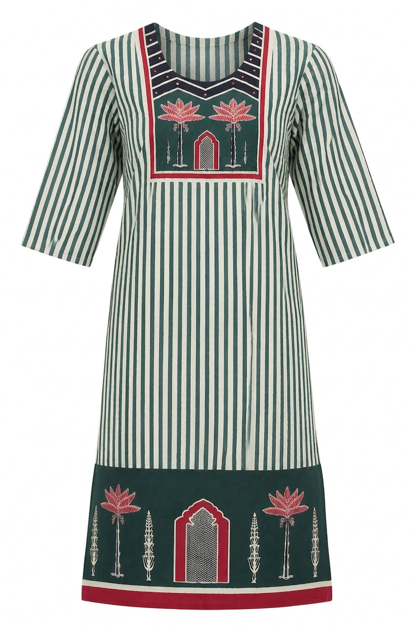 Stright-cut Green Cotton Dupatta Set with 3/4 Sleeve Top