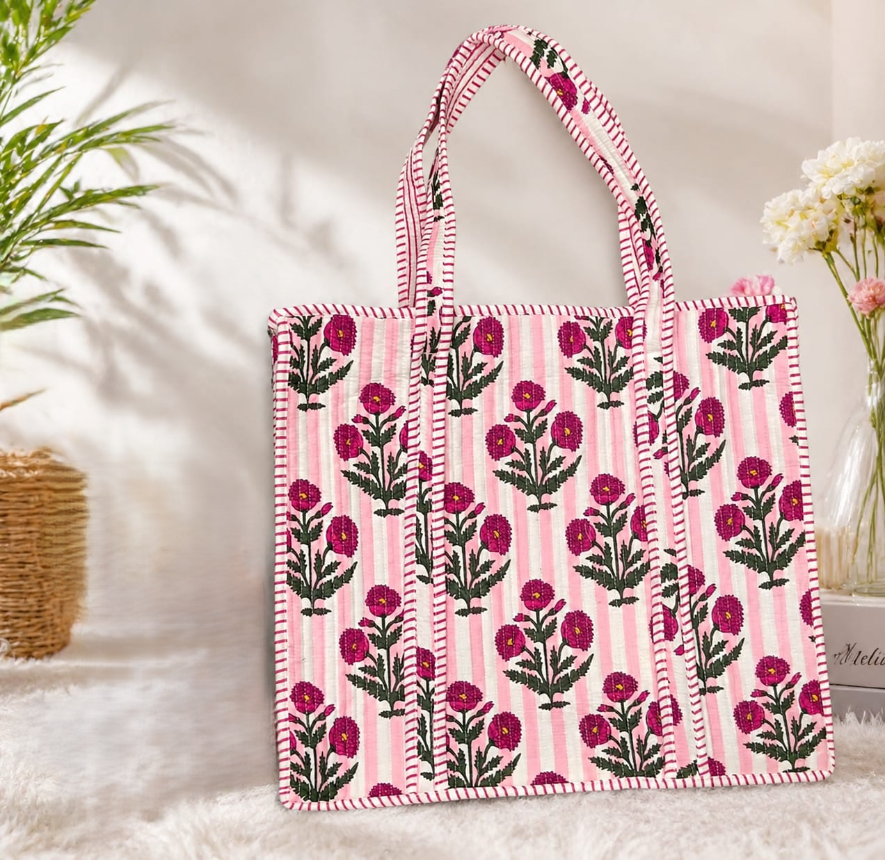 Pink Floral Block Print Quilted Tote Bag