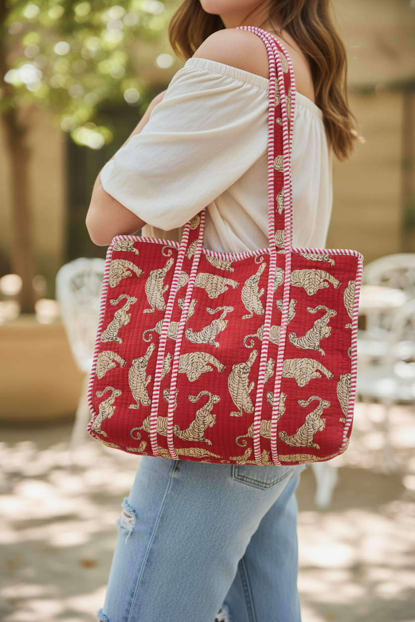 Woman carrying quilted tiger tote bag over shoulder, summer outfit