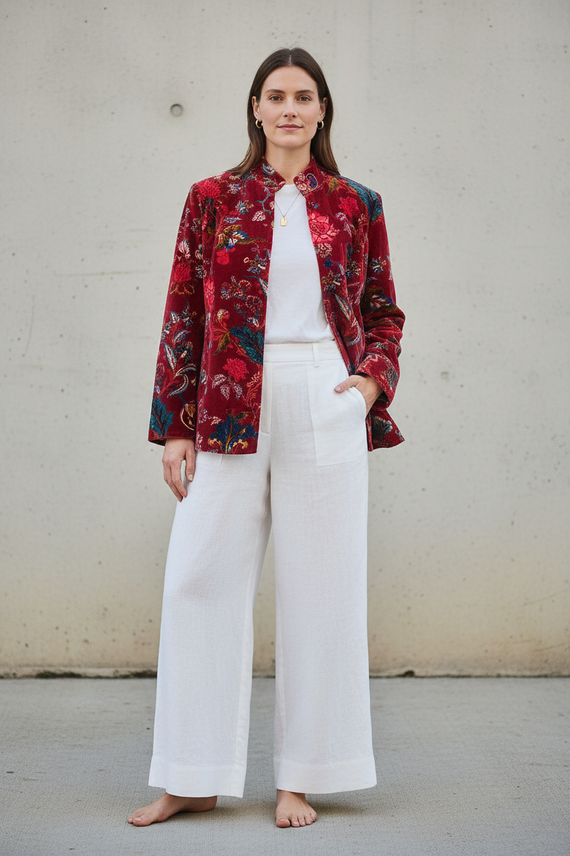 Crimson Floral Velvet Jacket - Western model