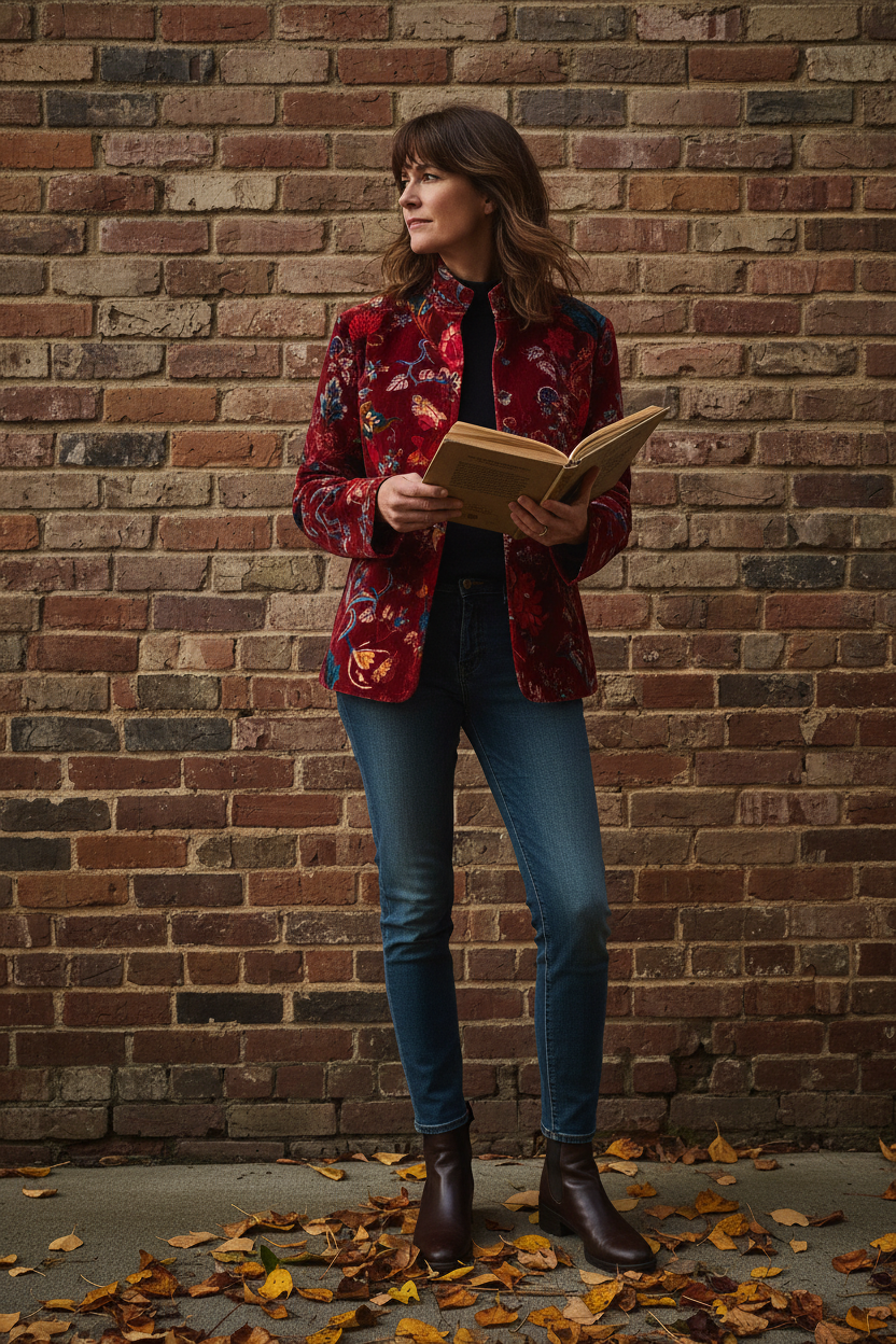 Crimson Floral Velvet Jacket - Candid brick wall scene