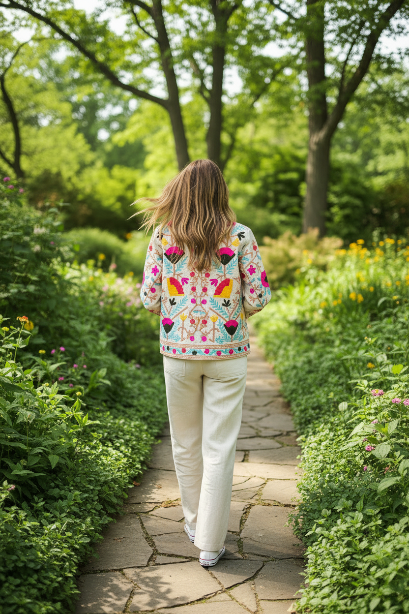 The Embroidered Bloom Jacket - Botanical garden back pose