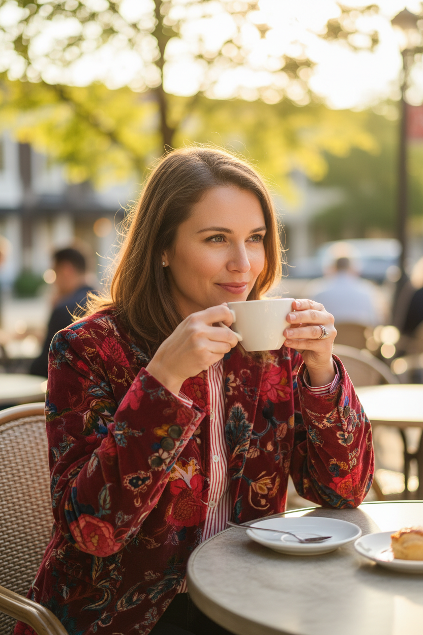 Crimson Floral Velvet Jacket - Candid café scene