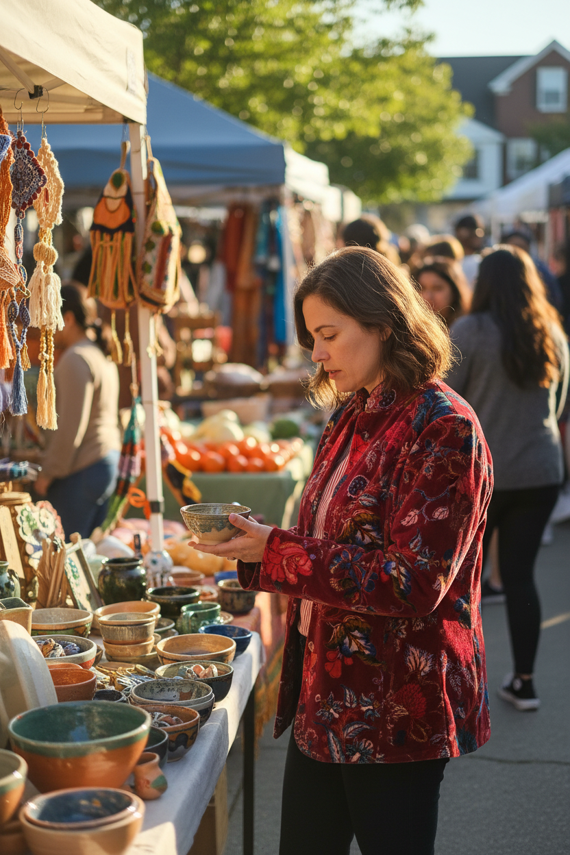Crimson Floral Velvet Jacket - Candid market scene