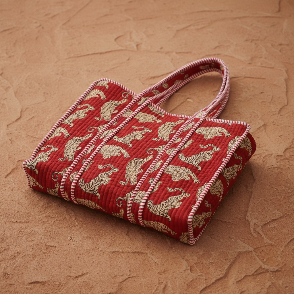 Quilted tiger block print tote bag on sandstone surface