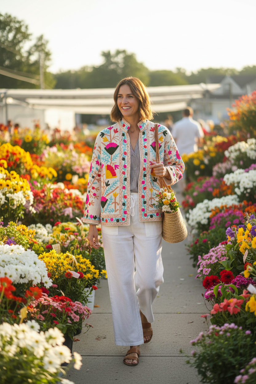 The Embroidered Bloom Jacket - Flower market lifestyle
