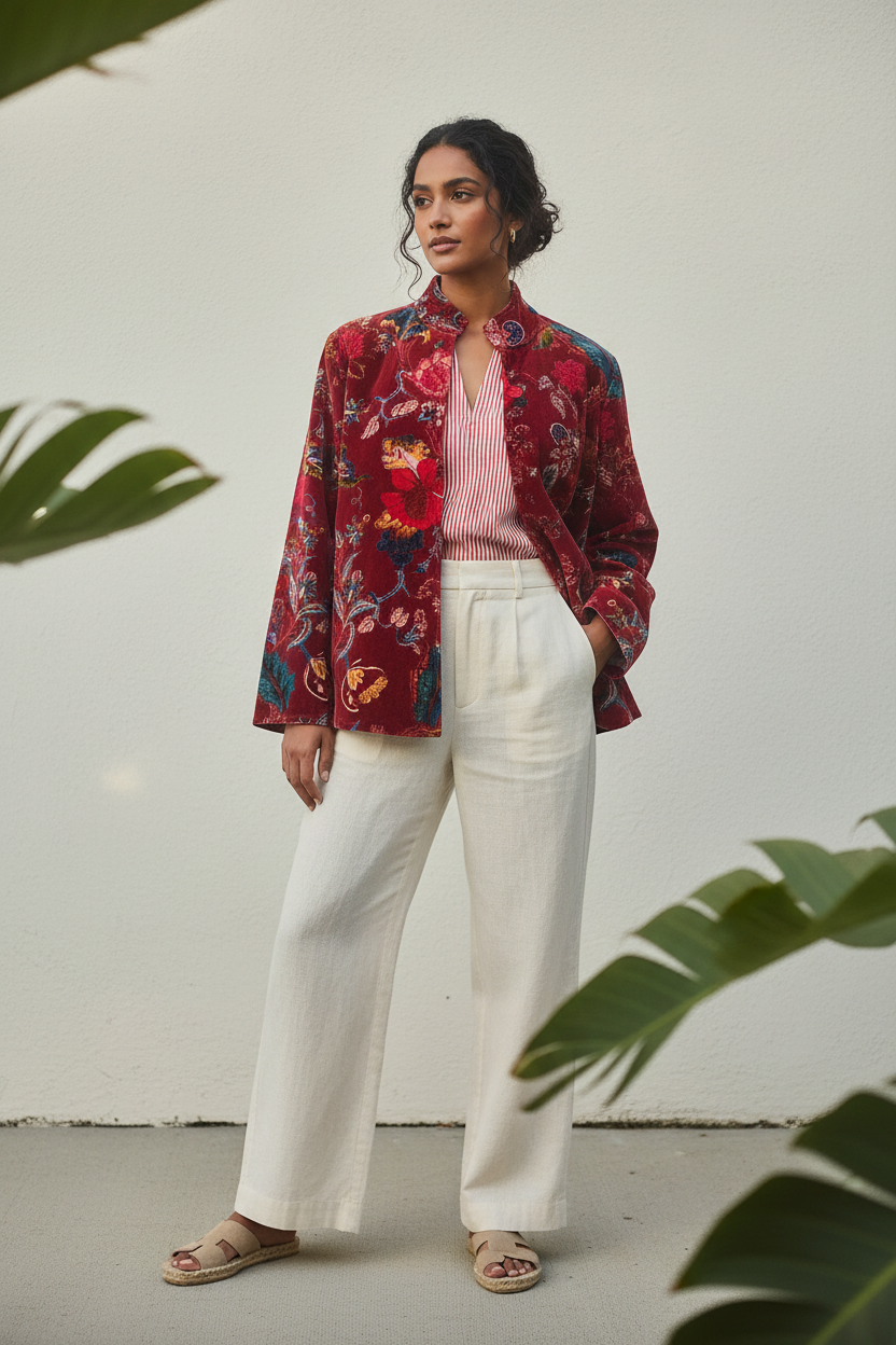 Crimson Floral Velvet Jacket - Model lifestyle