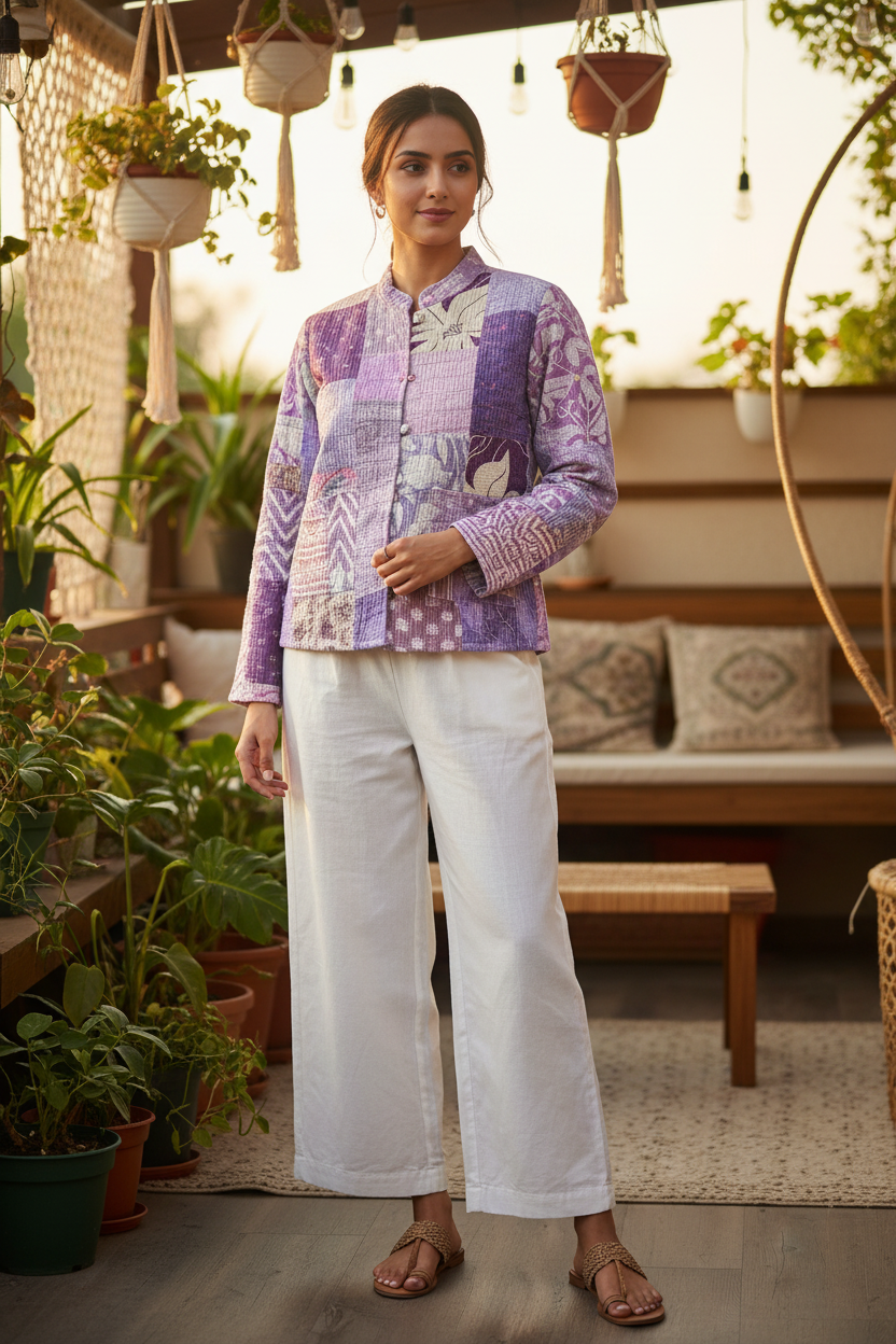 Lavender Kantha Jacket - Model Shot