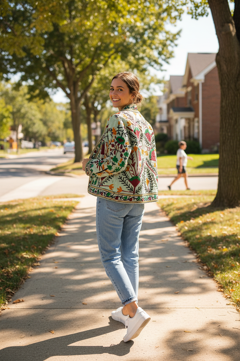 Mint Green Suzani Hand Embroidered Quilted Jacket