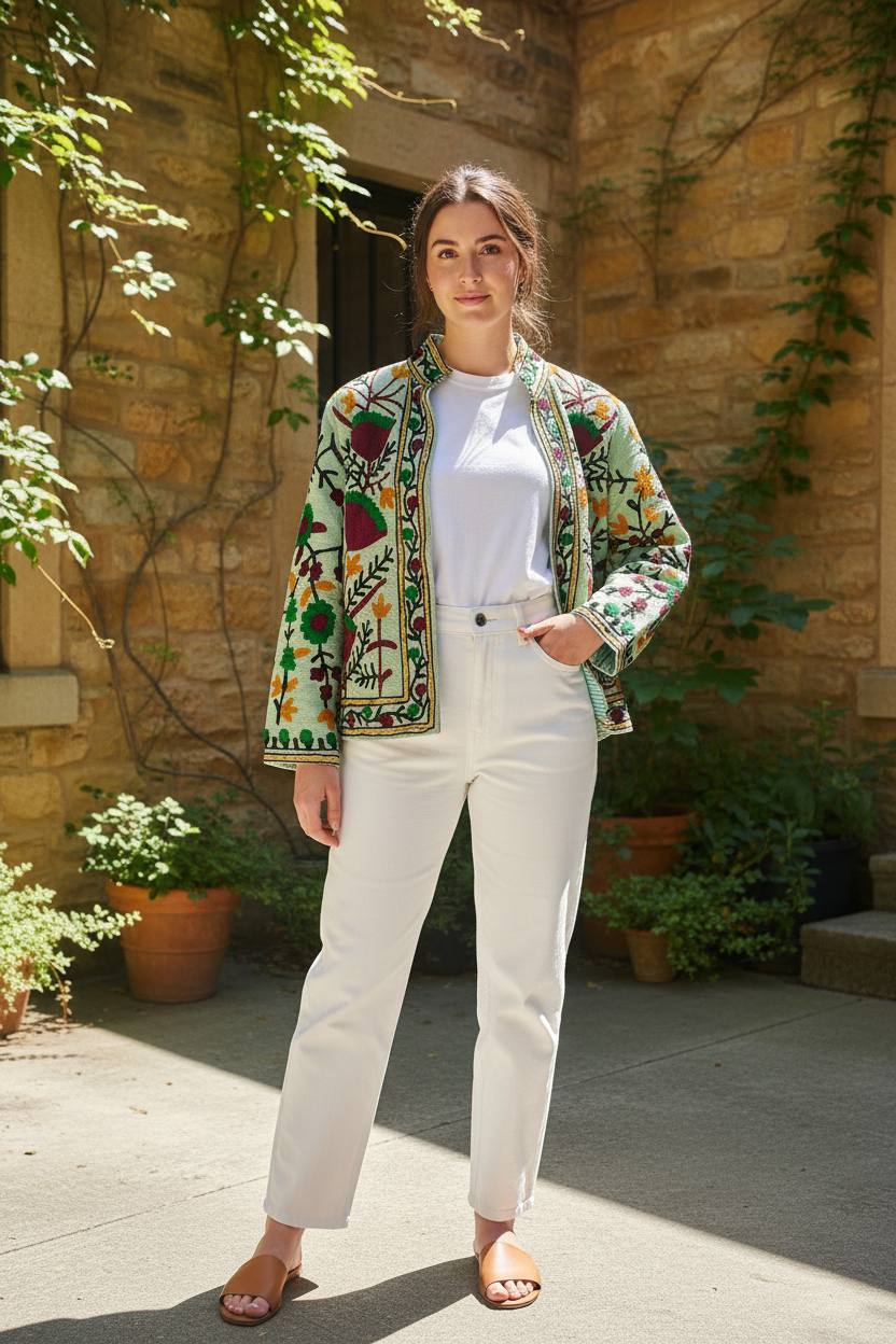 Mint Green Suzani Hand Embroidered Quilted Jacket