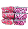 Set of 3 hand block-printed quilted pouches in pink and purple floral prints