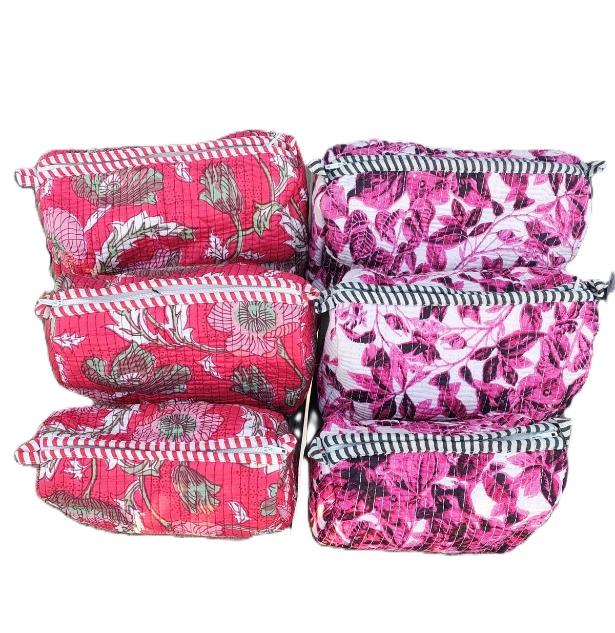 Set of 3 hand block-printed quilted pouches in pink and purple floral prints