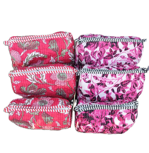 Set of 3 hand block-printed quilted pouches in pink and purple floral prints