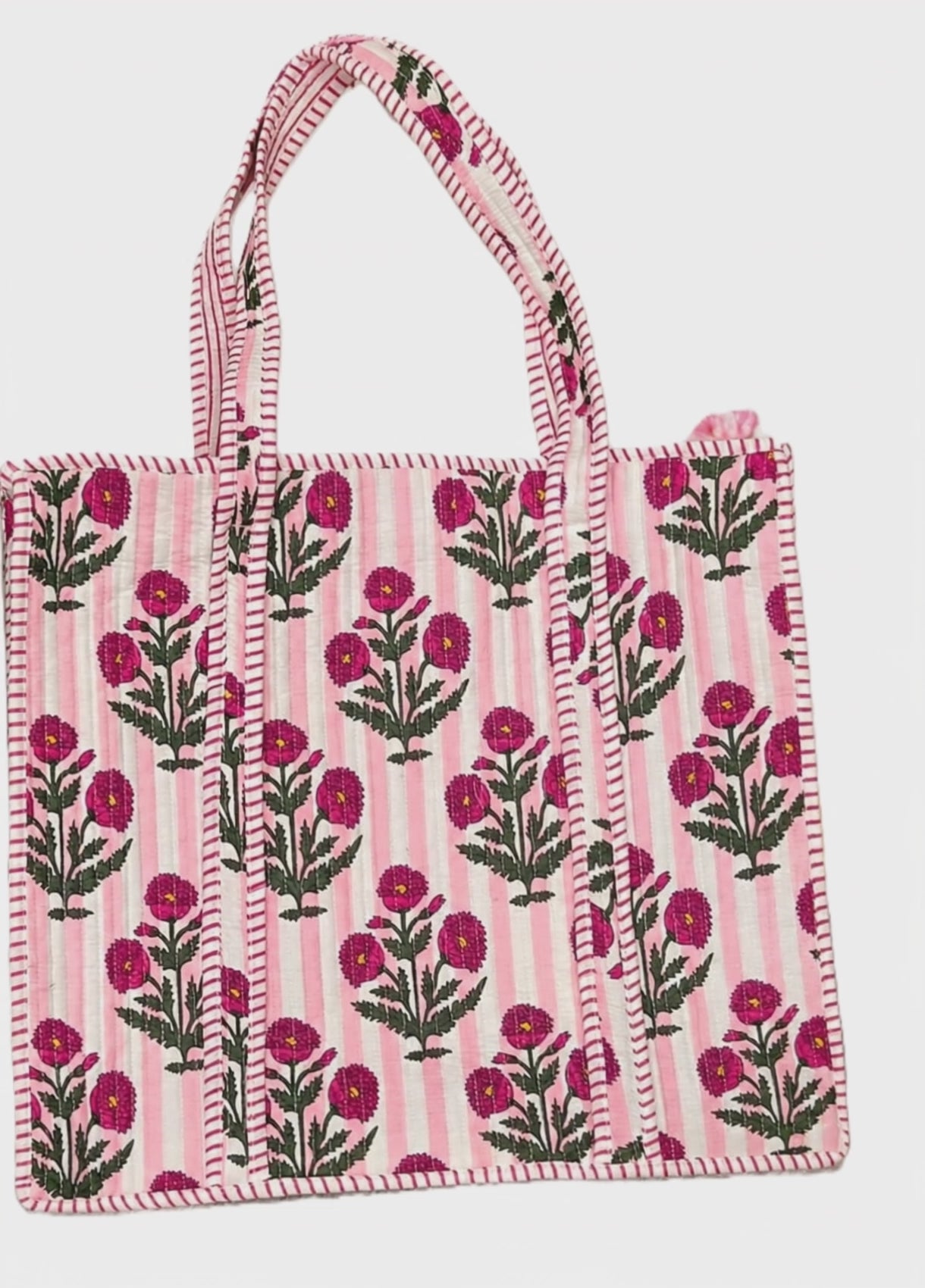 Pink Floral Block Print Quilted Tote Bag
