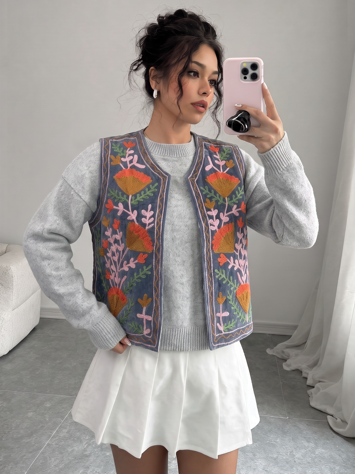 Floral Embroidered Velvet Vest