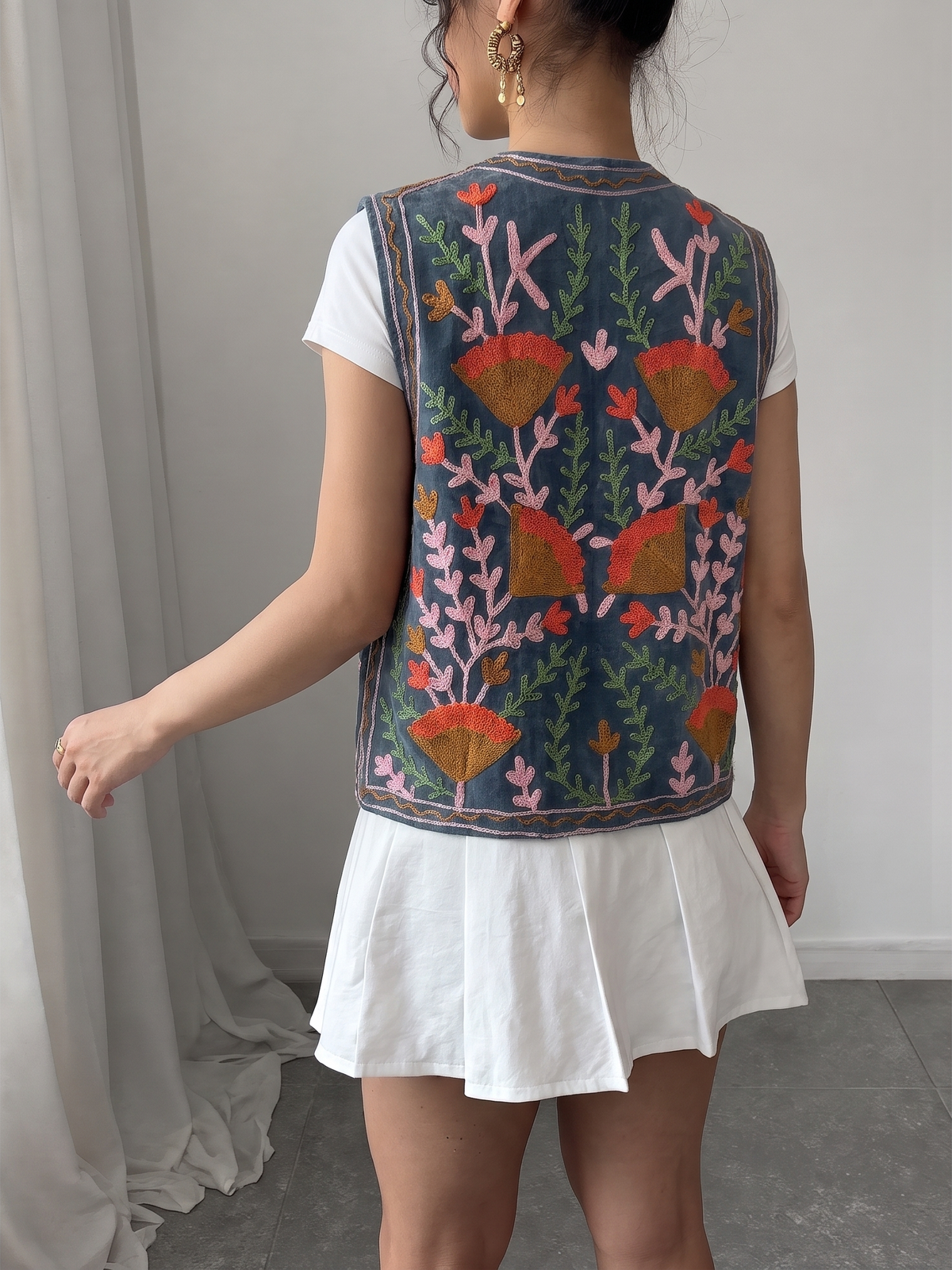 Floral Embroidered Velvet Vest