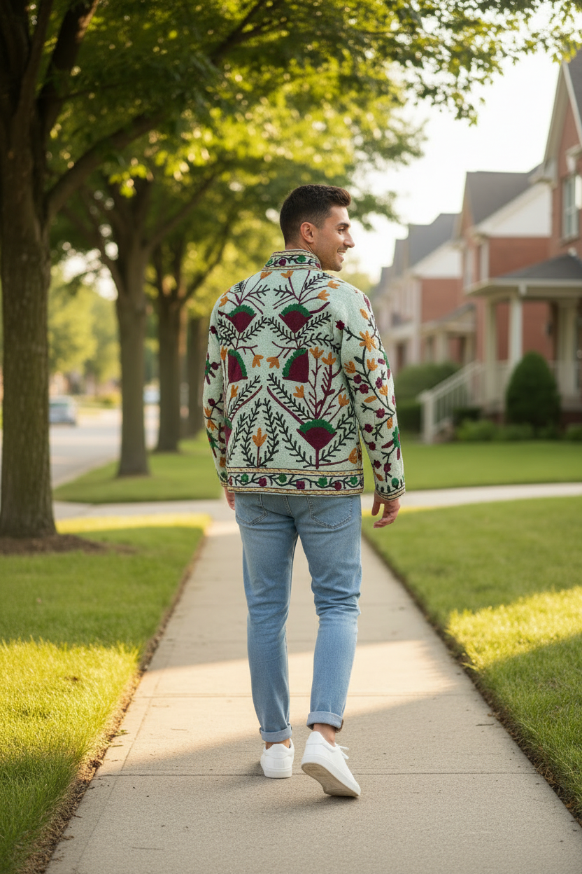 Mint Green Suzani Hand Embroidered Quilted Jacket