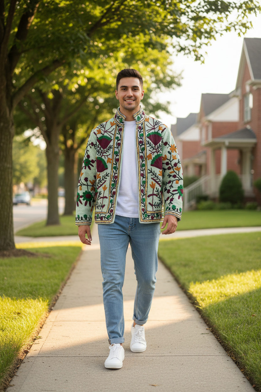 Mint Green Suzani Hand Embroidered Quilted Jacket